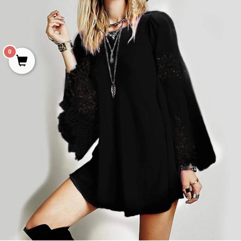 Long sleeve lace crochet dress. Black. White shown for detail only.